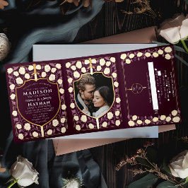 剣&シールド中世ファンタジー結婚の赤 三つ折り招待状