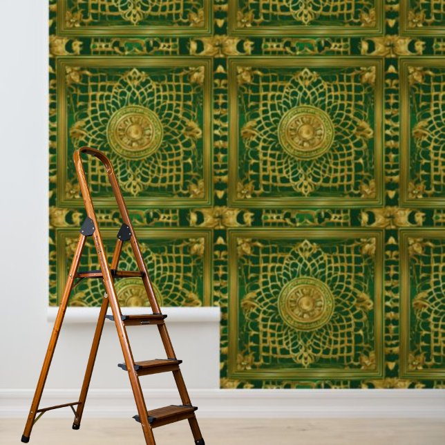 剥離とスティックインディアンインスパイア緑金ゴールドパターン 壁紙 (Peel and Stick Indian inspired Green Gold Pattern Wallpaper)
