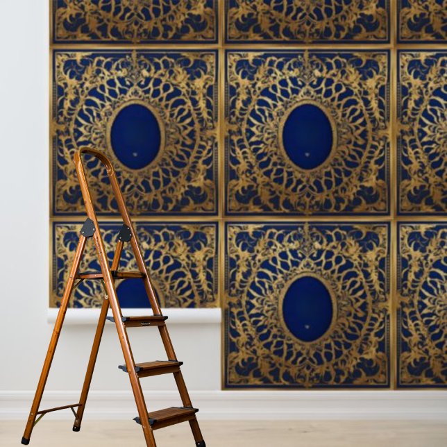 剥離及びスティック壁紙ブルー金ゴールドレースパターン 壁紙 (Peel and Stick Wallpaper Blue Gold Lace Pattern Wallpaper)