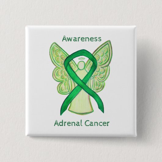 副腎がん緑色認識度リボンエンジェルピン 缶バッジ (正面)