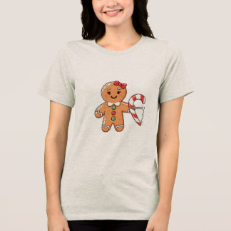 割れたキャンディケインのハートを持つキュートなジンジャーブレッドガール トライブレンドＴシャツ