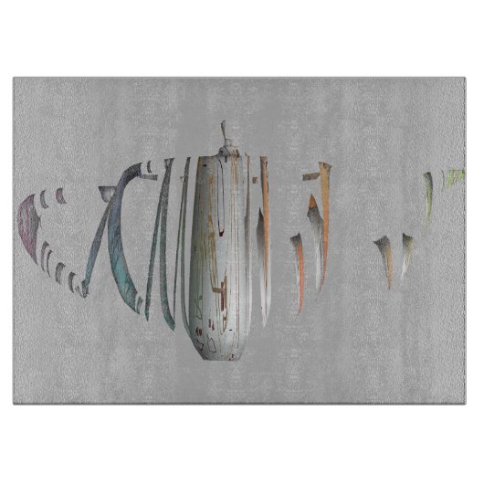 割れた淡い色の青オレンジ色の容器ガラス カッティングボード (正面)