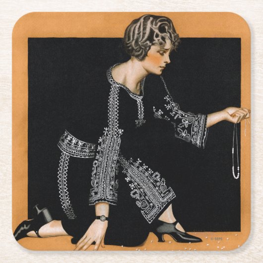 割れた真珠のネックレス スクエアペーパーコースター (正面)