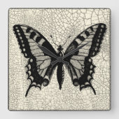 割れた背景の白黒蝶 スクエア壁時計 (正面)