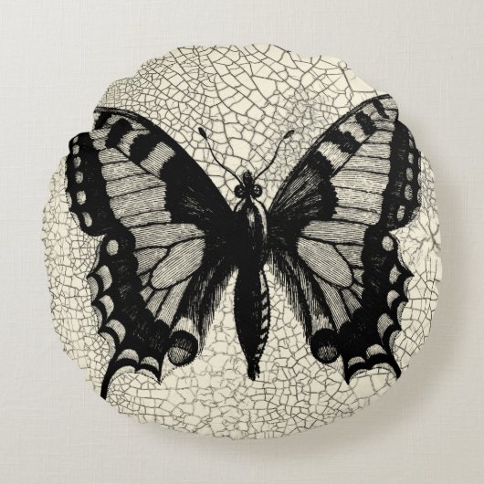 割れた背景の白黒蝶 ラウンドクッション (正面)
