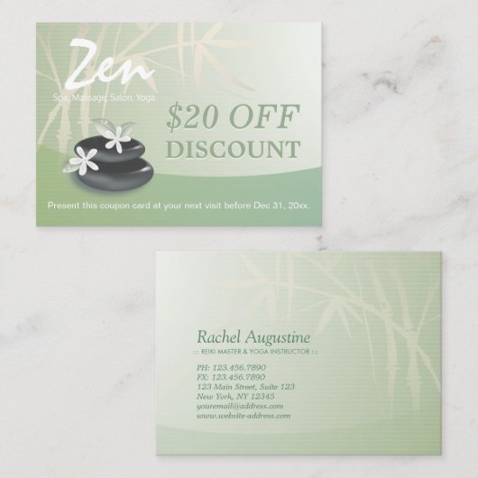 割引クーポンロイヤリティ禅ストーンマッサージセラピー 割引カード (正面/裏面)