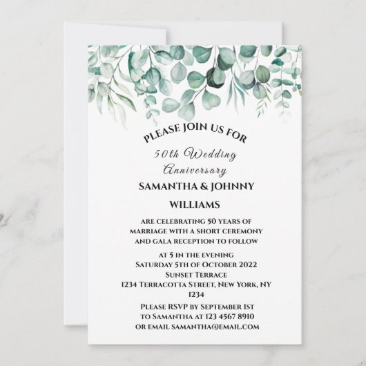 創立50周年結婚のユーカリ植物学 招待状 (正面)