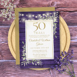 創立50周年記念の糸が紫色の木の葉を照らす 招待状<br><div class="desc">紫かわいらしの素朴な木の背景に糸の光と繊細な水色の国の庭の緑を搭載しスタイリッシュて、この記念日の招待は、裏に黄金の背景とパーソナライズされた、あなたの特別な50年のお祝い情報と一緒に行うことができる。Thisisnomeによる設計©</div>