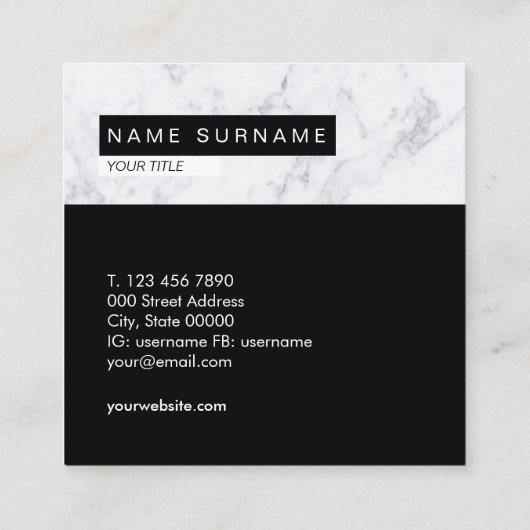 創造的な大理石の黒い及び白い四角の名刺 スクエア名刺 (裏面)