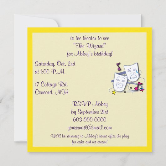 劇場のパーティーの誕生日 招待状 (裏面)