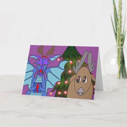 劇的なドラゴンおよびトナカイのクリスマスカード シーズンカード (正面)