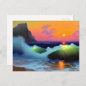 劇的な海の波と夕日 ポストカード (正面/裏面)