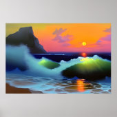 劇的な海波と夕日 ポスター (正面)