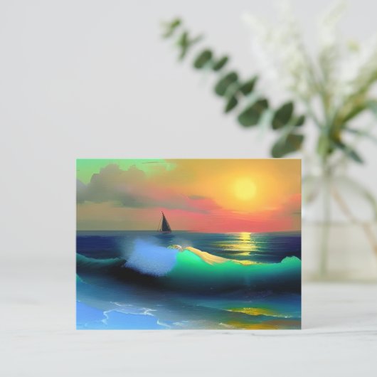 劇的な海波と日没の反射 ポストカード (スタンド正面)