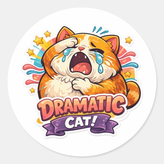 劇的な猫の面白い泣き顔の漫画アートリアクション ラウンドシール (正面)