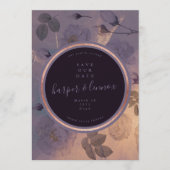 劇的な紫色のフローラ冬のバラ金ゴールド写真 セーブザデート (正面)