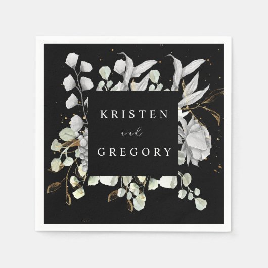 劇的な銀金ゴールドフローラ結婚モノグラム スタンダードカクテルナプキン (正面)