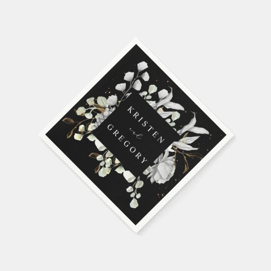 劇的な銀金ゴールドフローラ結婚モノグラム スタンダードカクテルナプキン (角)