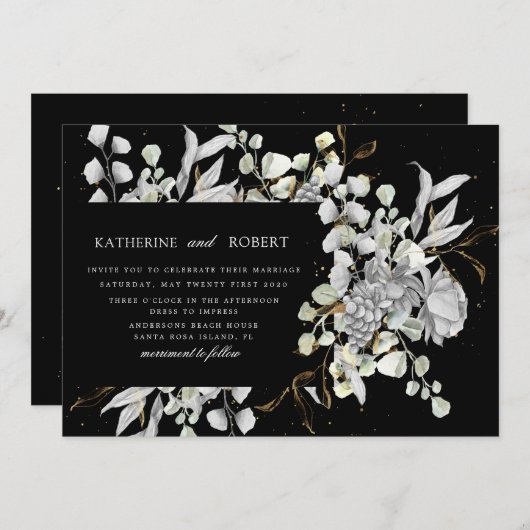 劇的な銀金ゴールド結婚フローラ 招待状 (正面/裏面)