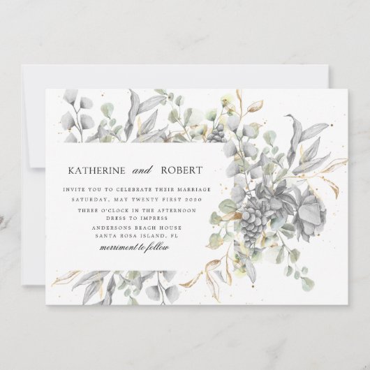 劇的な銀金ゴールド結婚フローラ 招待状 (正面)