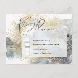 劇的な青グラデーション水色金ゴールド結婚式RSVP ポストカード
