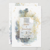 劇的な青グラデーション水色金ゴールド線結婚の 招待状 (正面/裏面)