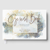 劇的な青グラデーション水色金ゴールド線結婚 ゲストブック (正面)