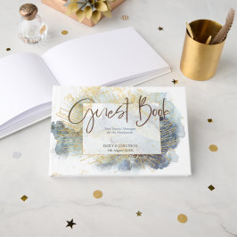 劇的な青グラデーション水色金ゴールド線結婚 ゲストブック
