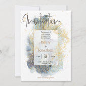 劇的な青グラデーション水色金ゴールド線結婚 招待状 (正面)