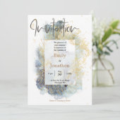 劇的な青グラデーション水色金ゴールド線結婚 招待状 (スタンド正面)