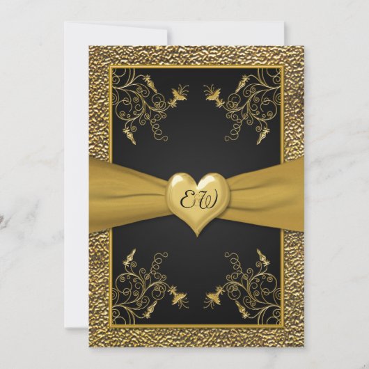 劇的な黒および金ゴールドのハートの結婚式招待状 招待状 (正面)
