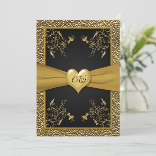 劇的な黒および金ゴールドのハートの結婚式招待状 招待状 (スタンド正面)
