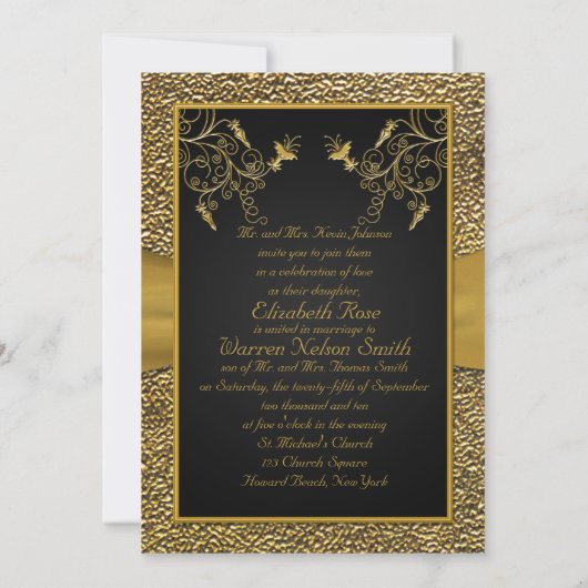 劇的な黒および金ゴールドのハートの結婚式招待状 招待状 (裏面)