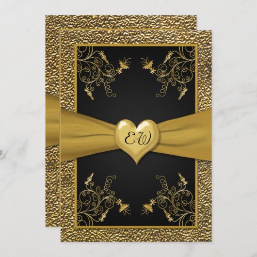 劇的な黒および金ゴールドのハートの結婚式招待状 招待状 (正面/裏面)