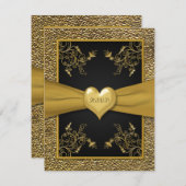 劇的な黒および金ゴールドのハートRSVPカード 出欠カード (正面/裏面)