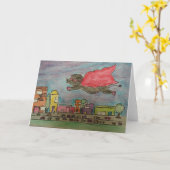 力のブタの挨拶状 カード (黄色い花)