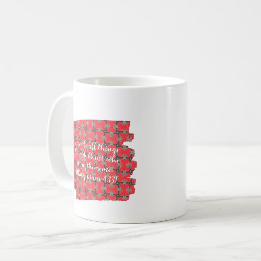 力の聖句 赤い花柄 コーヒーマグカップ (正面左)