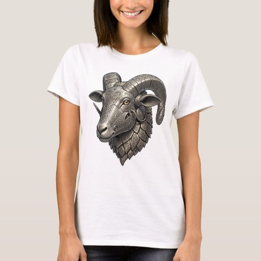 力強いケルト銀ラムヘッド・ノットパターン付き Tシャツ (正面)
