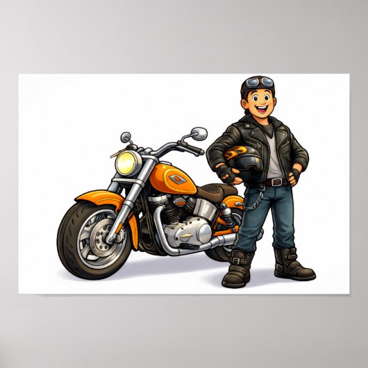 力強いバイクに乗るカートゥーン・バイカーのアート ポスター (正面)
