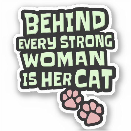 力強い女性の背後には彼女の猫がいる – ピンクの足 シール (正面)