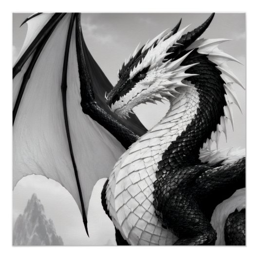 力強い黒と白のドラゴンのデザインで ポスター (正面)