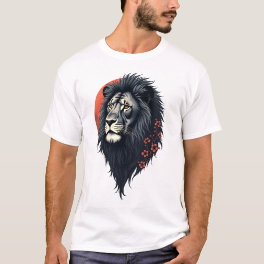 力強さと優雅さが融合した黒いライオン Tシャツ (正面)