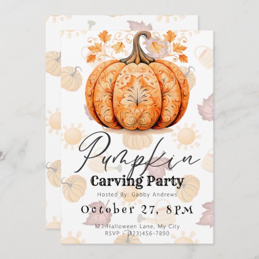 加飾かわいらしかぼちゃの彫刻パーティー 招待状 (正面/裏面)
