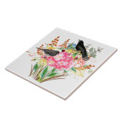 加飾水彩紫陽花と鳥類 タイル (側面)