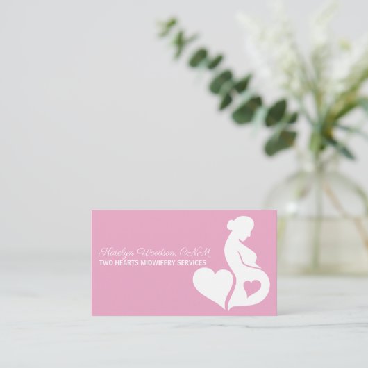 助産婦美妊娠シルエットピンクハート 名刺 (スタンド正面)