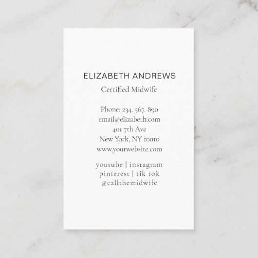 助産師、コウノトリ、ライトピンク 名刺 (裏面)