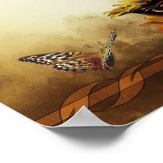 励ましのことわざ金ゴールドひまわり蝶 ポスター (角)