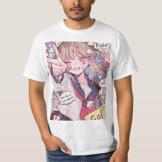 励ましのアニメスクールガールアートプリント Tシャツ (正面)