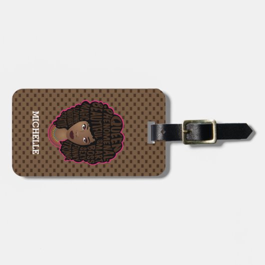 励ましの黒人女性,ブラウン水玉模様 ラゲッジタグ (正面横)