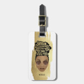 励ましの黒人女性、天然の髪、金ゴールド白 ラゲッジタグ (正面縦)
